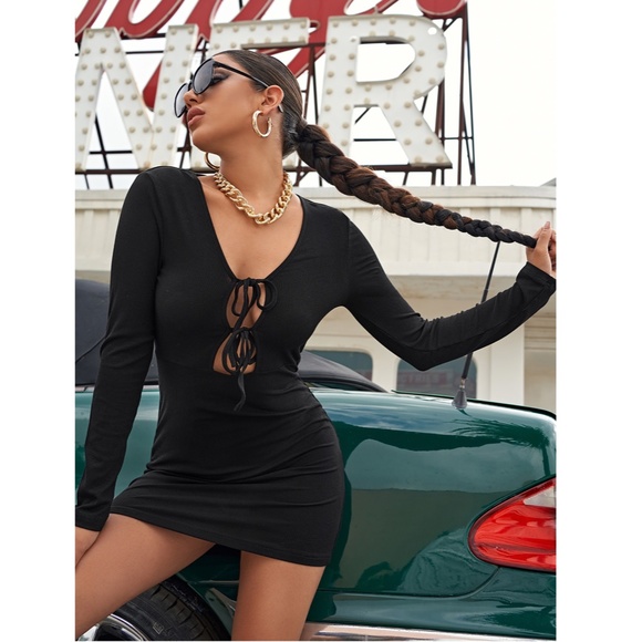 Tie Detail Long Sleeve Black Mini Dress - Picture 4 of 7